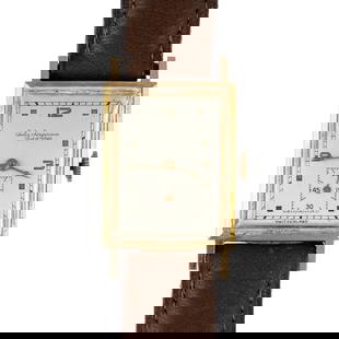 Antique 14K Gold Jules Jurgensen Wrist Watch: 1940's Jules Jurgensen rectangular mechanical wind watch. Size is 21 mm x 35 mm not including the crown. The watch runs intermittently so needs service. The watch case without movement, band, or