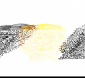 14K Gold & Diamond Ring: A size 10 yellow gold ring with six princess cut diamonds as the center and surrounded by round and baguette diamonds. Total weight is 11.6 grams. A few light scratches. Size 10.