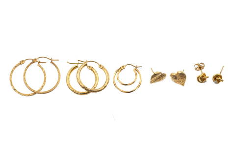 14K Gold Earrings: Includes two pairs of hoops and one lone hoop. The largest is 7/8" diameter. Some earring backs are missing. Total weight is 4.1 grams.