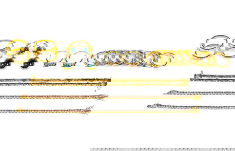 Joan Rivers Rings Earrings Scarf Slides Bracelets: There are 11 gemstone rings size 7.5 to 8. Nine of those are stackable eternity bands. One pair of earrings for pierced ears. Two slides, one of which is adorned with channel set gemstones. Three