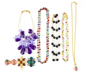 Joan Rivers Necklaces Pendants Brooches: Four chain and gemstone (rhinestone) necklaces 30" to 58". One faux amethyst choker necklace with three cascading strands. Two brooches and a convertible pendant with faux pears that may be used with