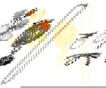 Kenneth J Lane and Nolan Miller Jewelry: A size 9 bluejay bird ring by KJL. Two 30" necklaces and two brooches by Nolan Miller. The rose brooch is usable as a necklace pendant when substituted onto the pendant necklace.