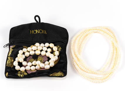 Two Pearl Necklaces incl Honora 14K Gold Clasp: Honora 18" baroque fresh water pearl necklace with gold ball clasp. A second 47" necklace with button pearls, no clasp.