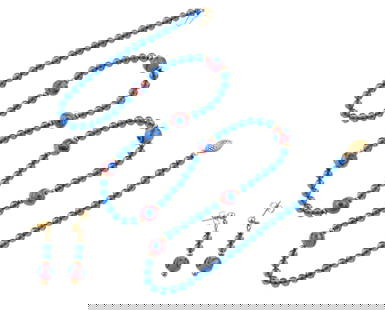 Art Glass Bead Necklace and Earrings: Matching art glass bead earrings and necklace, 14k gold hardware and beads. The necklace is 24" length and the dangle earrings are 1 1/4" length.