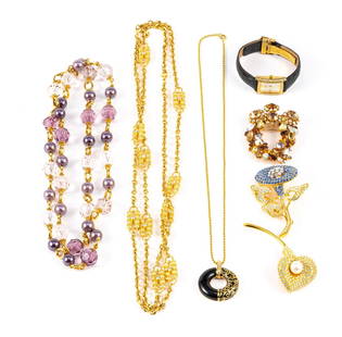 Jacqueline Kennedy Camrose Kross Kenneth Jay Lane: Costume jewelry includes two necklaces 22" and 60", two brooches convertible as pendants 3" to 3 1/2" and a wrist watch. The watch is untested. All Jacqueline Kennedy Camrose Kross JBK. One 42"