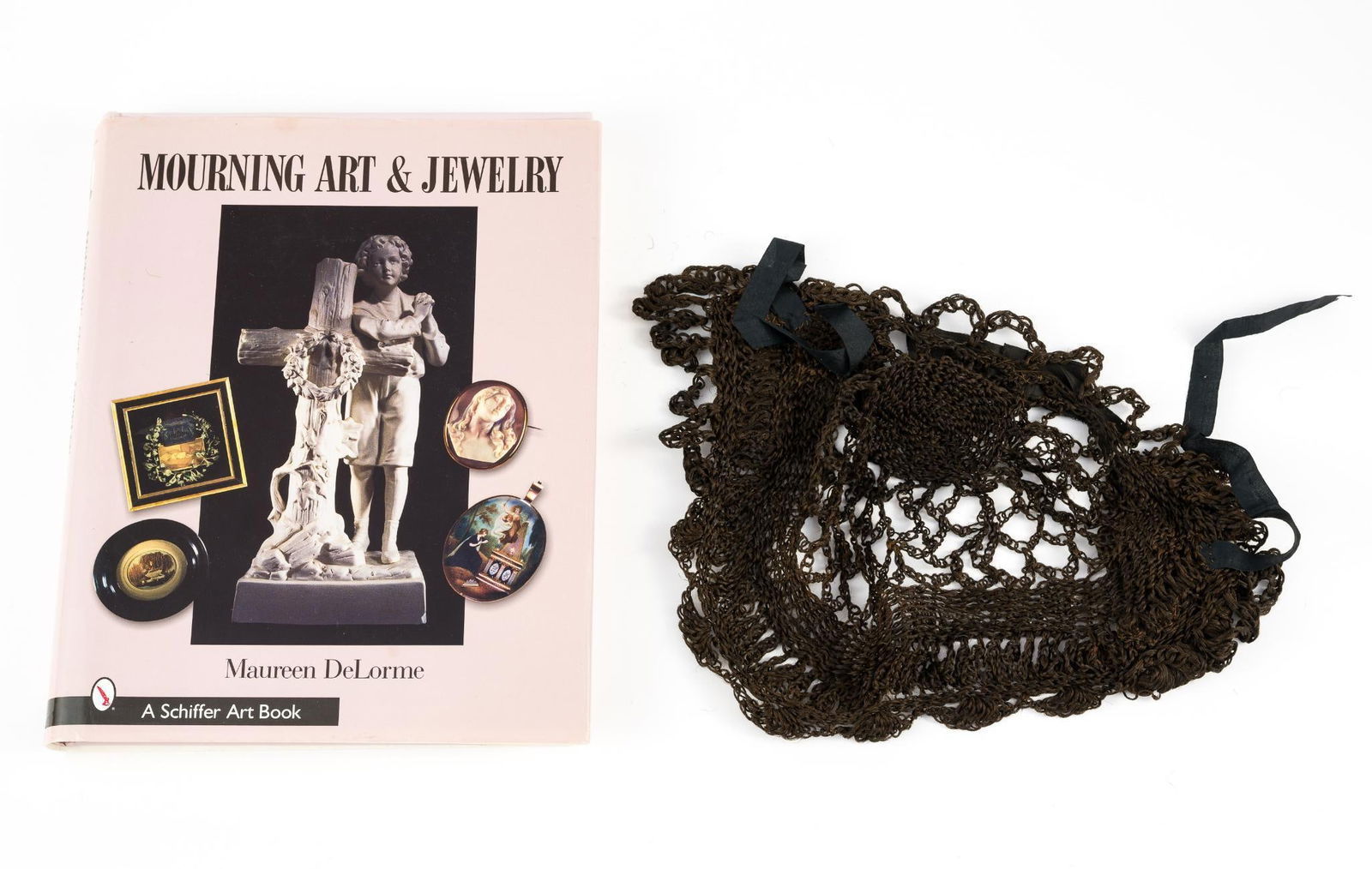 Victorian Mourning Hair Handwoven Loving Cap: It is featured in the accompanying book "Mourning Art & Jewelry" by Maureen DeLorme. Book is signed. Verbal history of the piece is that it was made of the deceased women's hair and used as a loving c