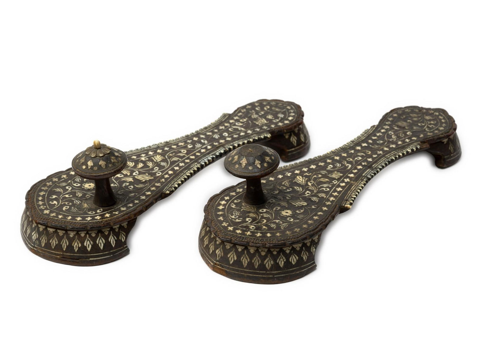 Pair of Indian Women's Wood Sandals: Inlaid design. Both measure 9-1/4" long.