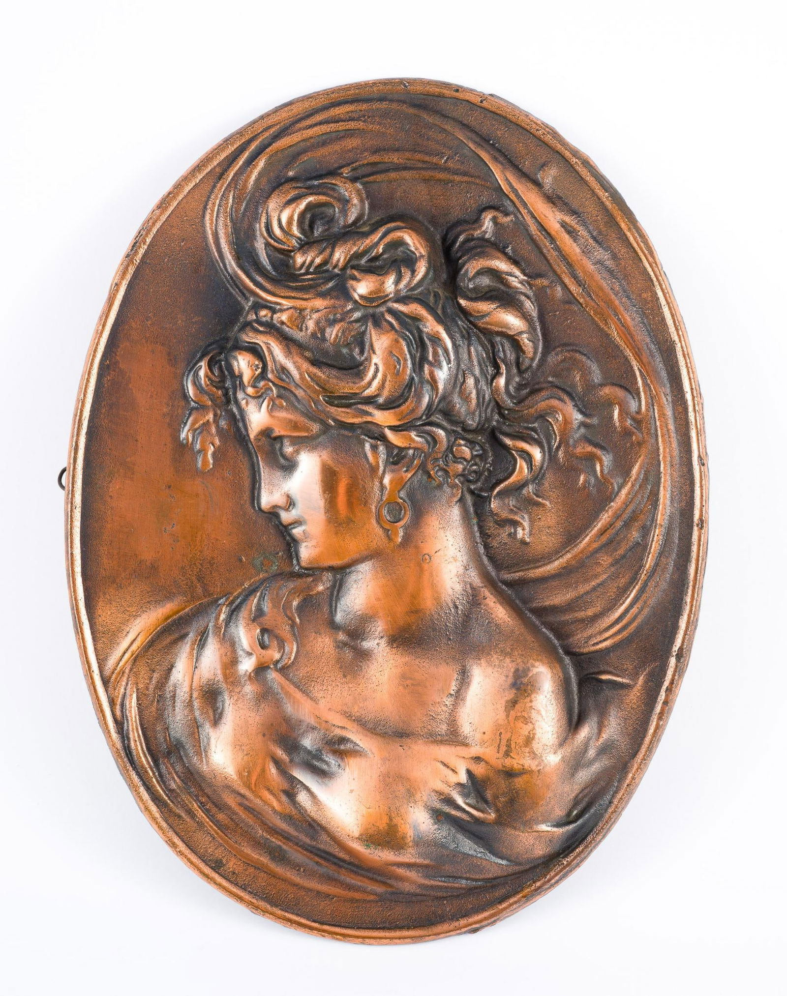 Art Nouveau Copper Plaque: Female bust on copper plaque. No maker's marks. 10" wide x 13-1/2" long.