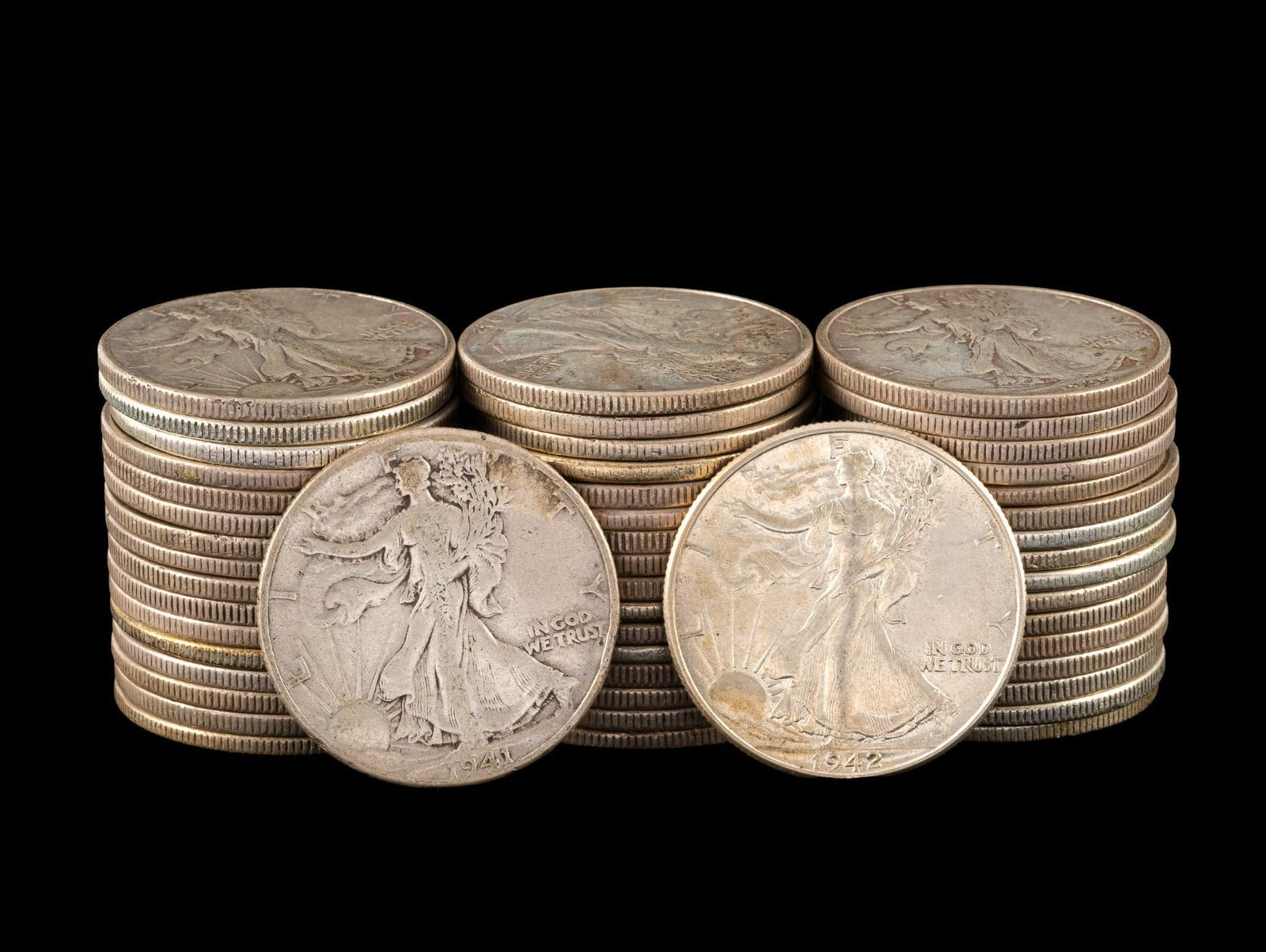 Fifty Walking Liberty Silver Half Dollars: Dates are 1930's and 1940's