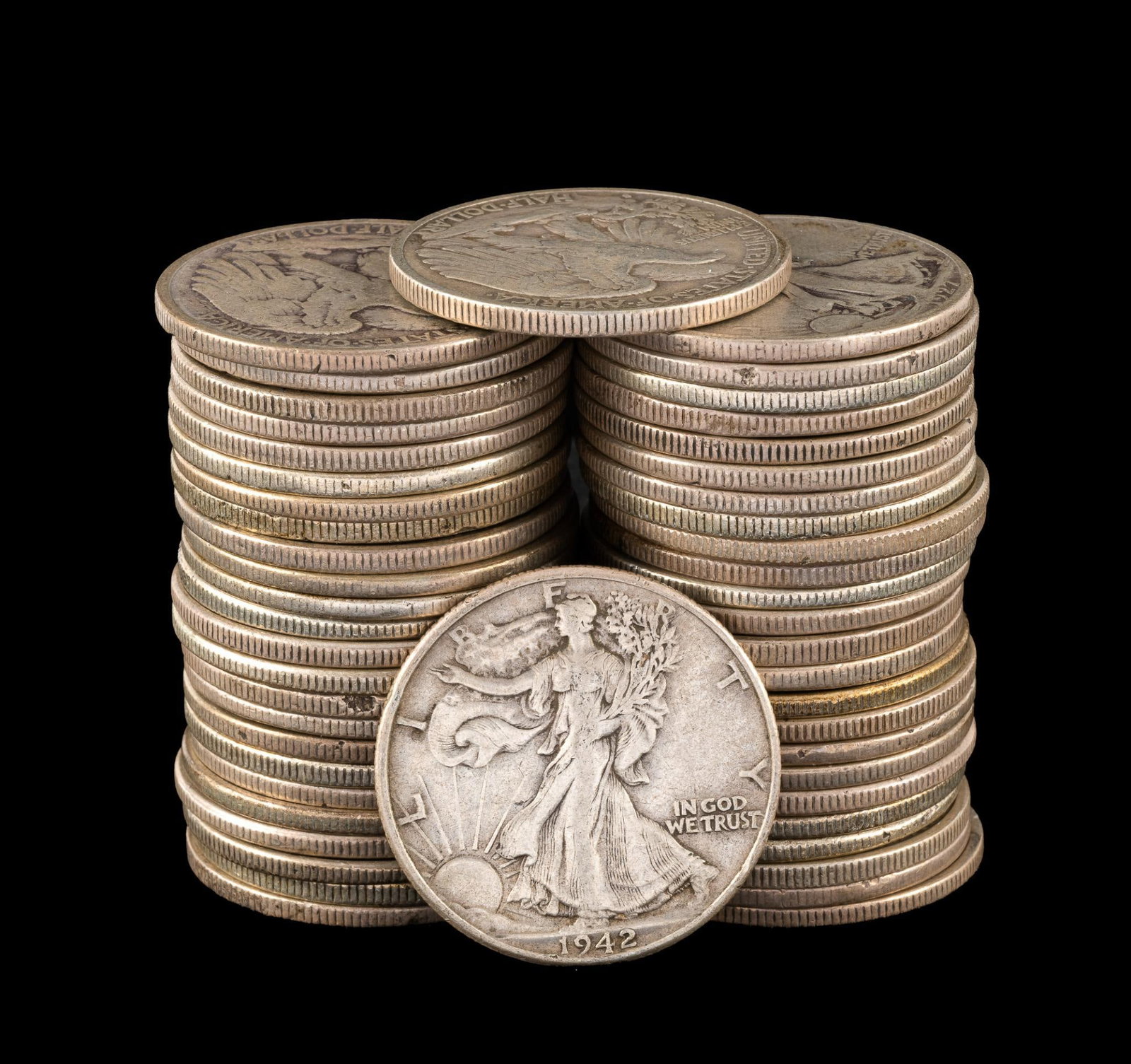 Fifty Walking Liberty Silver Half Dollars: Dates are 1930's and 1940's with a few earlier showing heavy wear.