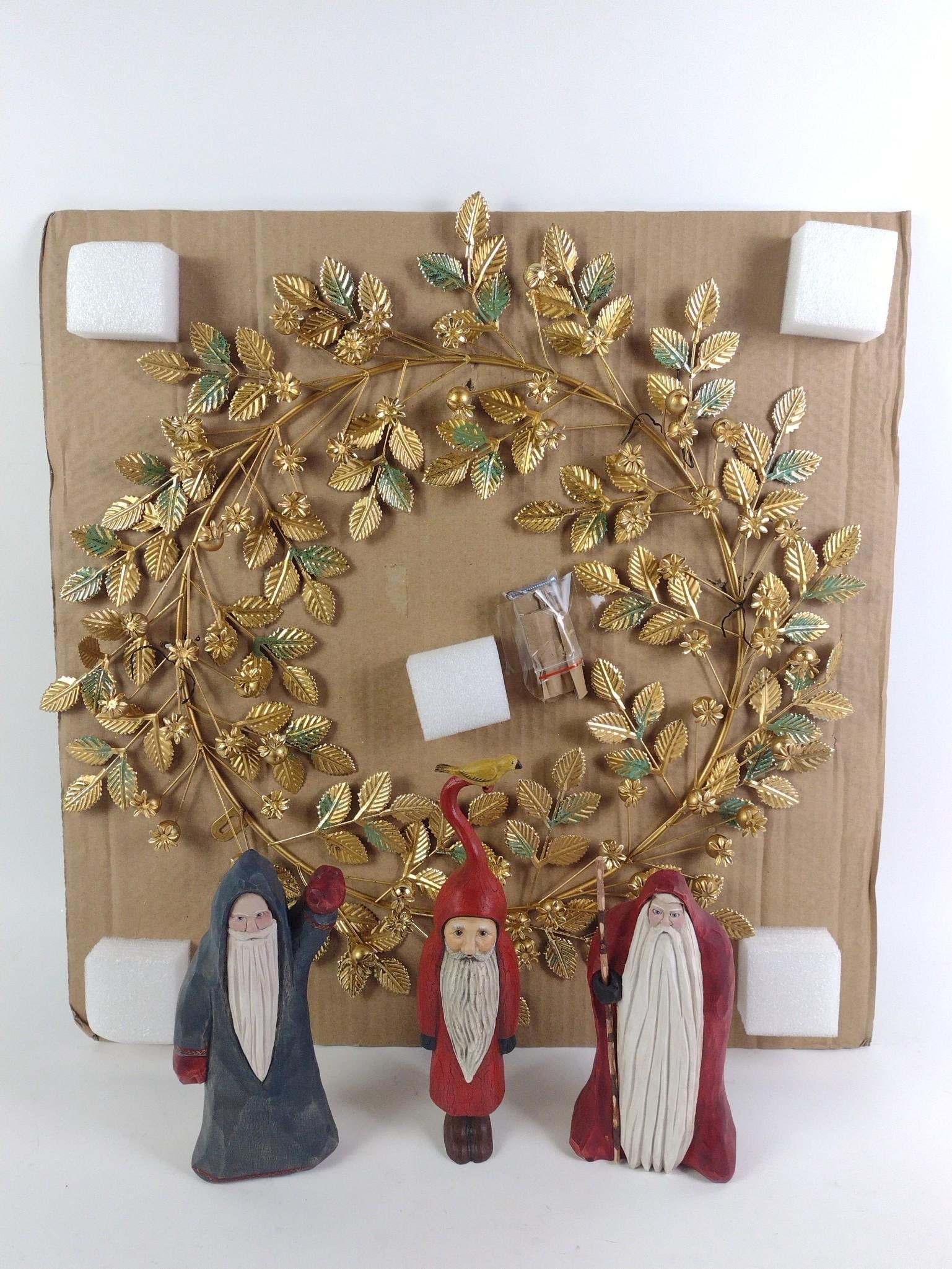 Martha Stewart Wreath and 3 Signed Santa Figurines: Martha Stewart metal wreath in original box. 3 signed Santa statues, including Lewis Brown 1990 #32, Lewis Brown 1990 #19, and J. Harris '94. All good condition. Wreath box is 24-1/4" long, 23" wide,