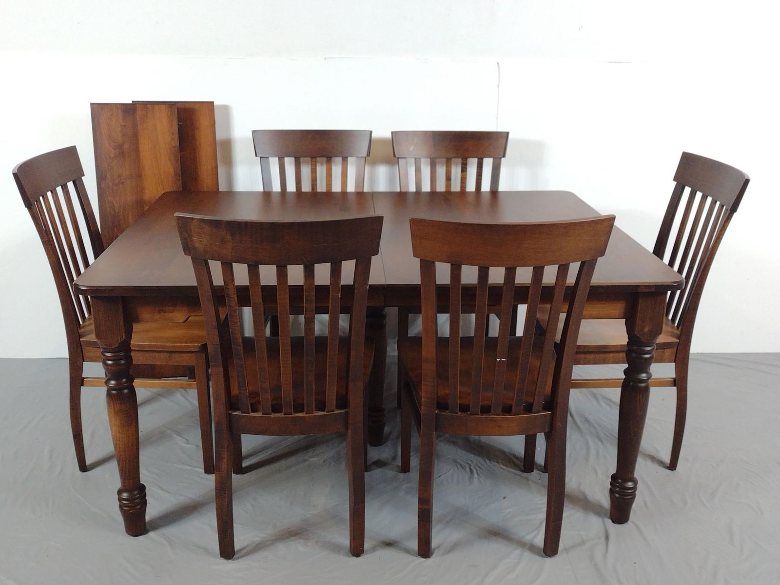 Dining Room Table & Chair Set: NOT ELIGIBLE FOR IN-HOUSE SHIPPING - See Terms for Shipping Options. Table 60" wide X 42" deep X 30" high. Two tables leaves, each 12" wide. Chairs 18" wide X 18" deep X 38" high.