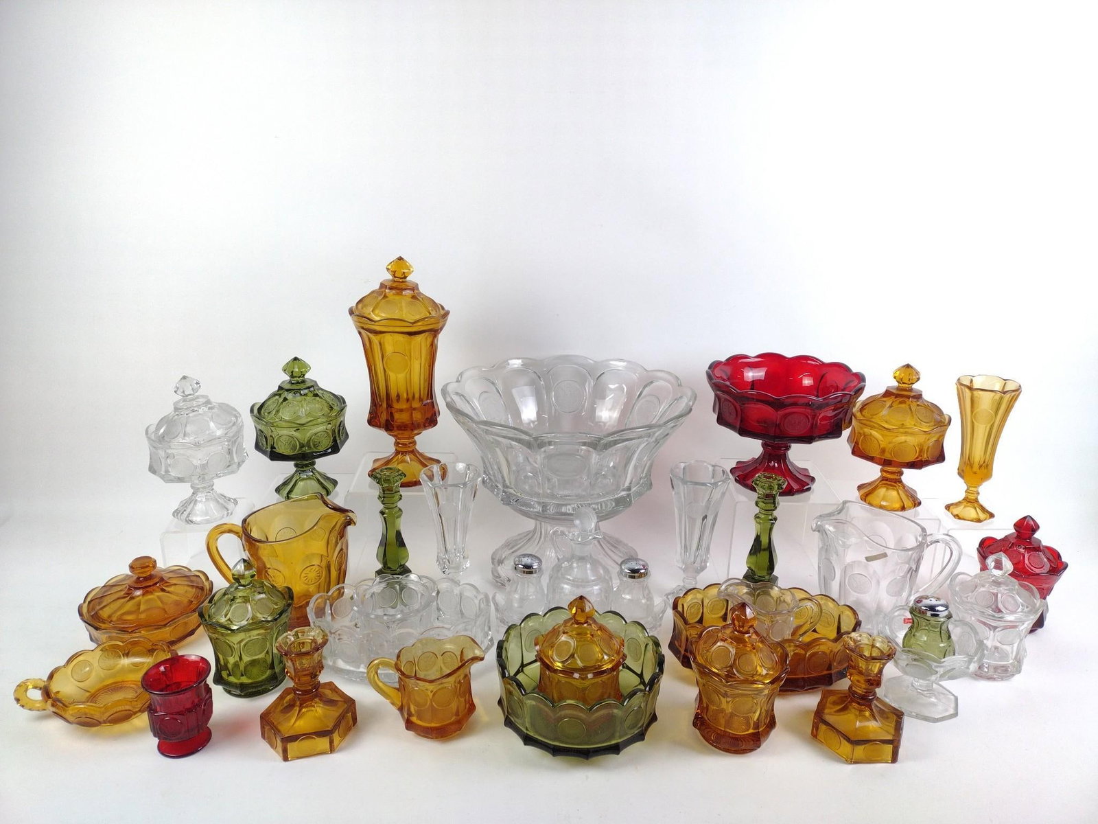 34 Pcs Fostoria Coin Glass: 3-1/2" to 11-1/2" high.