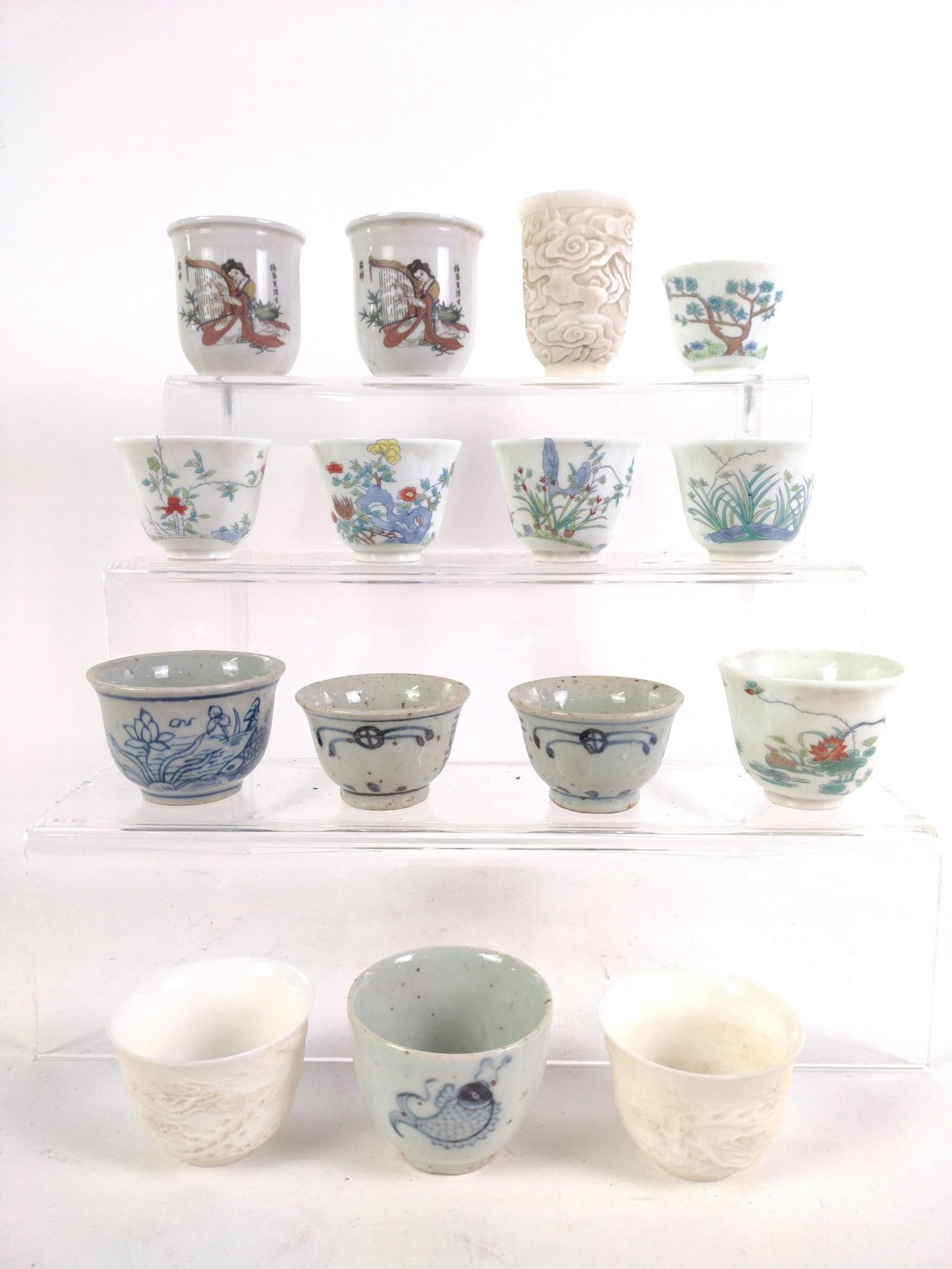 15 Chinese Tea Cups incl White and Blue Porcelain: Includes 6 of a 12 "month cup" set. 1-1/2" to 3-1/4" high.