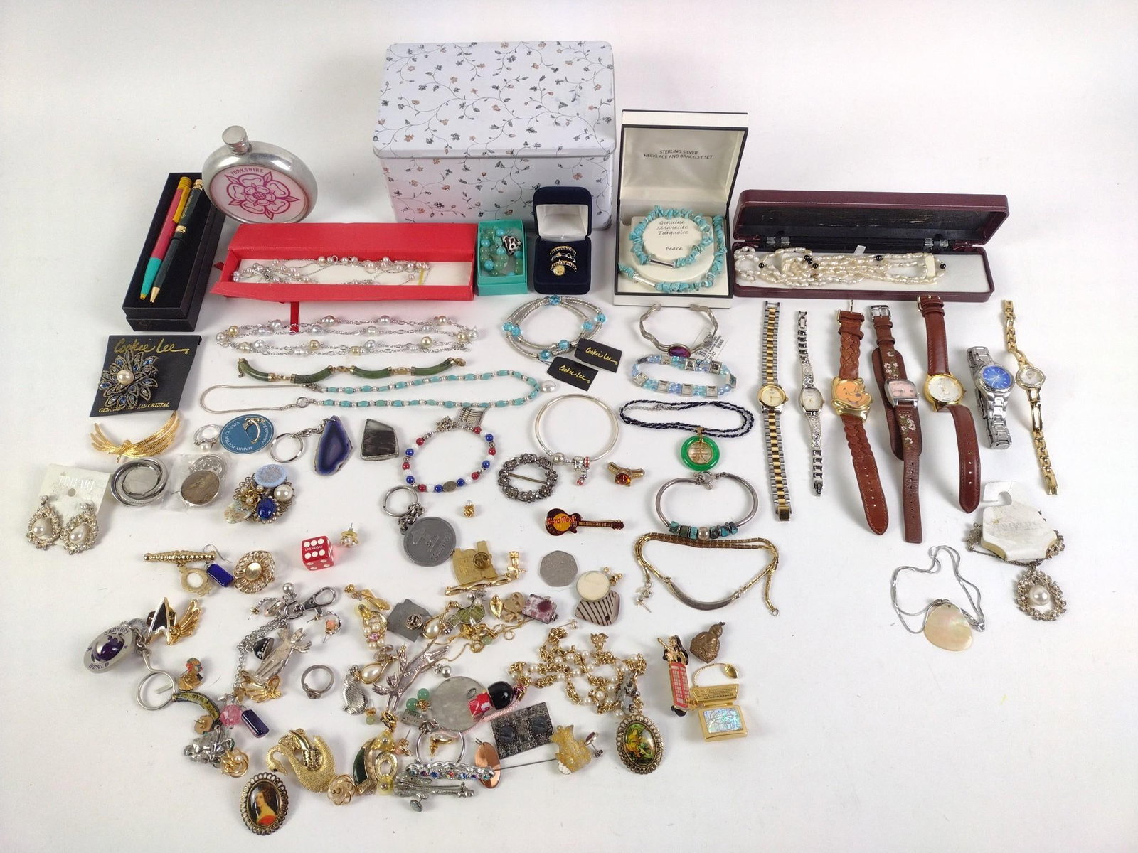 Grouping Of Costume Jewelry Incl Sterling: Also includes nesting tins and pens.