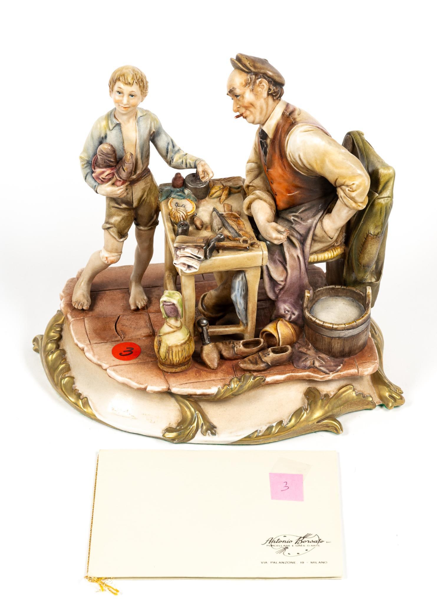 #952 Cobbler's Dilemma Antonio Borsato Capodimonte Statue: NOT ELIGIBLE FOR IN-HOUSE SHIPPING - See Terms for Shipping Options. Marked on bottom. With COA. 9" x 10-1/2" overall. Base is cracked and boy figure has been repaired / is loose.
