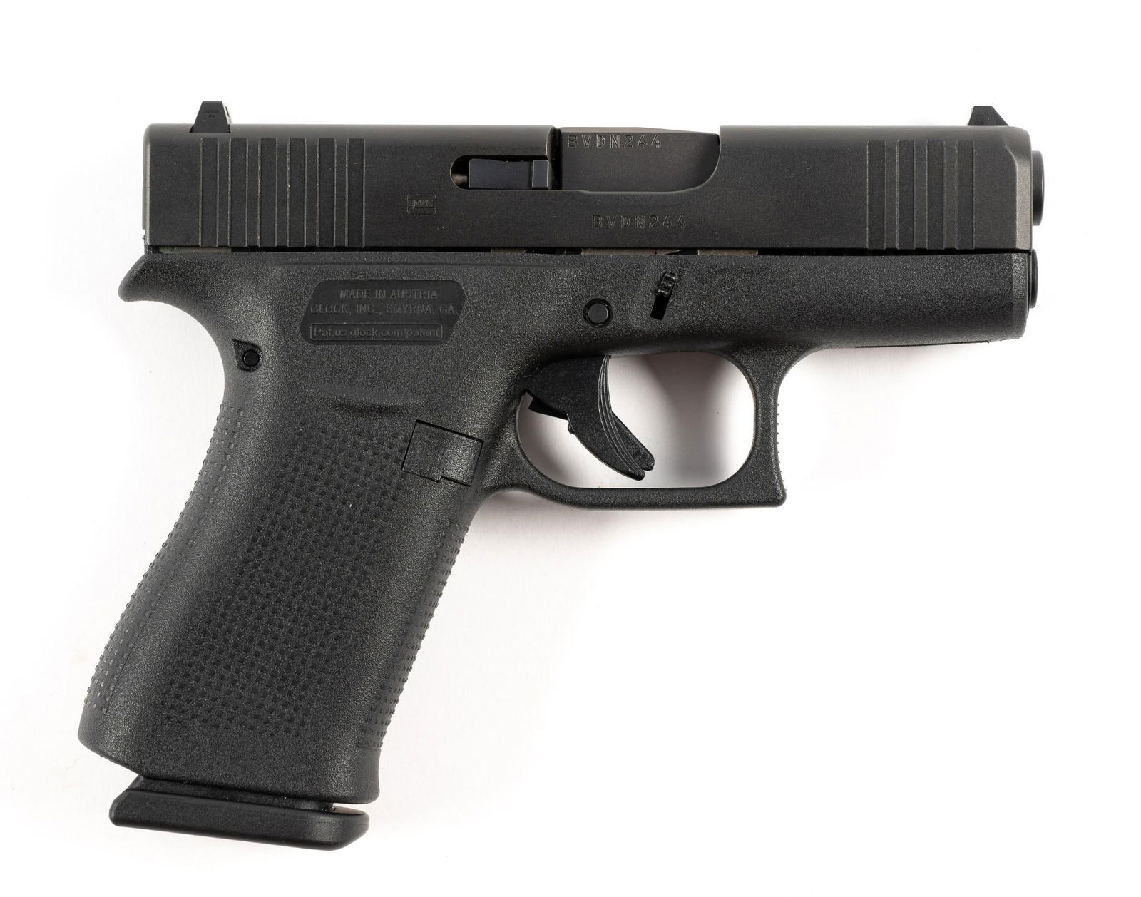 Glock 43X 9 MM Pistol: A semi automatic 9 mm pistol. Serial number BVDN244. Barrel length is 3.4". The gun is like new in the original clam-shell box with three spare magazines and a leather holster. Inventory number 7685-0