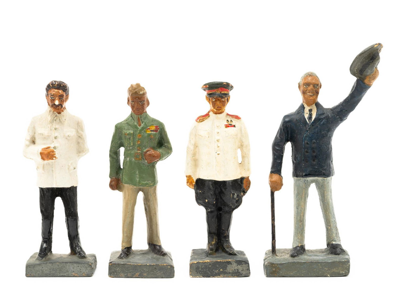 4 Durso WWII Figurines: Includes Eisenhower, Roosevelt, Stalin, and Zhukov. All marked Durso Belgium on bottom. Made in early post-war Belgium. Painted plaster figurines. 1" to 1-3/8" wide x 3-1/4" to 3-3/4" high. Paint loss