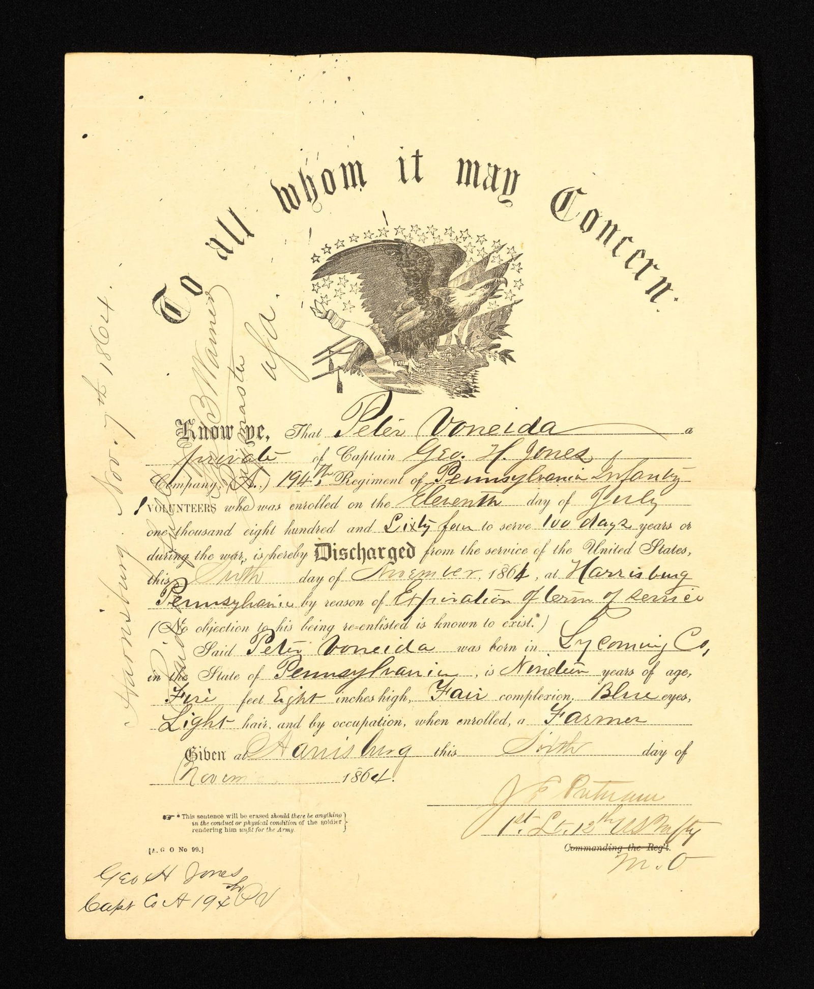 Civil War Soldier Discharge Paper: Discharge papers for a Pennsylvania soldier from the Civil War. He was 19 years when he was discharged. He was discharged in Harrisburg, PA on November 6, 1864. He served in the 194th Regiment of Penn