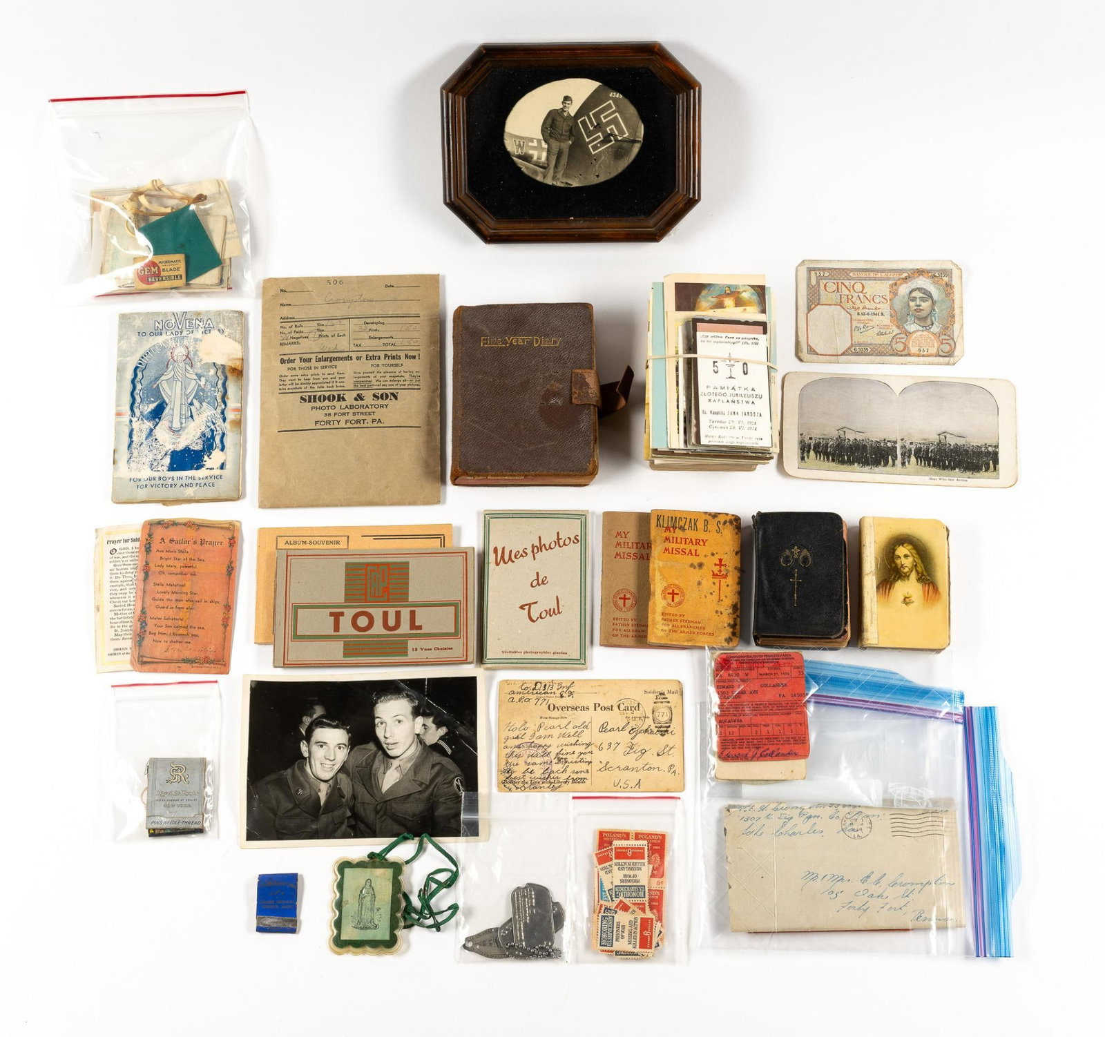 Joseph Collander WWII Soldier Archive: Includes diary, pictures, religious texts, tourist post cards, and more. Diary includes entries from his time on multiple ships and multiple stations. It includes description of air raids and his down