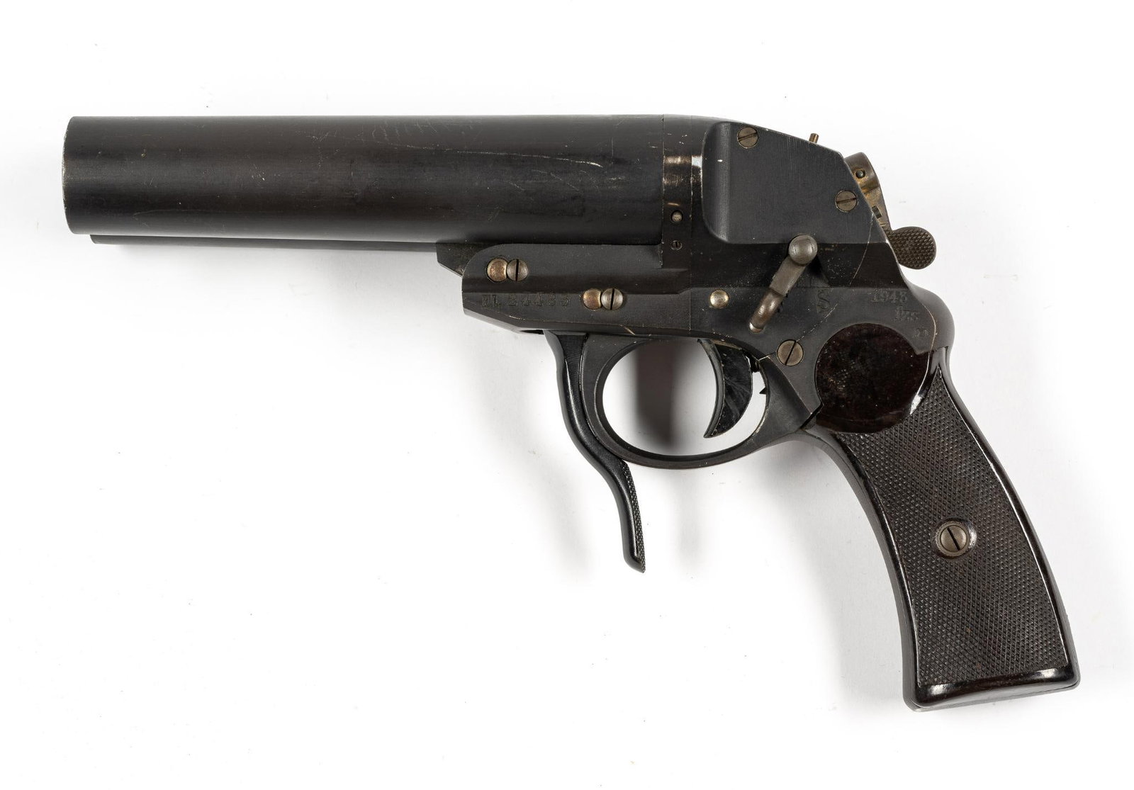 German WWII Luftwaffe Double-Barrel Aviator Flare Gun: Luftwaffe Flieger Leuchtpistole maker marked "fzs" for Kriegoff. Dated 1943, with the Luftwaffe contract number "L24483," serial number 23601 with a Luftwaffe proof eagle and a 4 in a circle on the to