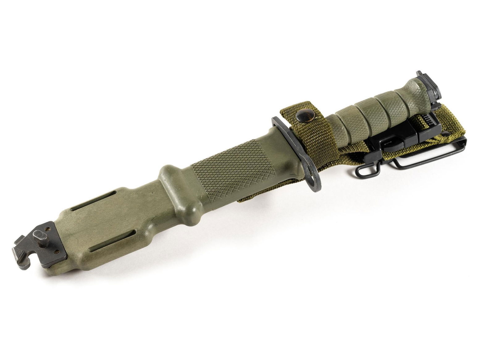 M9 Bayonet w/ Scabbard: Blade marked M9 Ontario Knife Co. Overall 15" long. Blade measures 7" long.