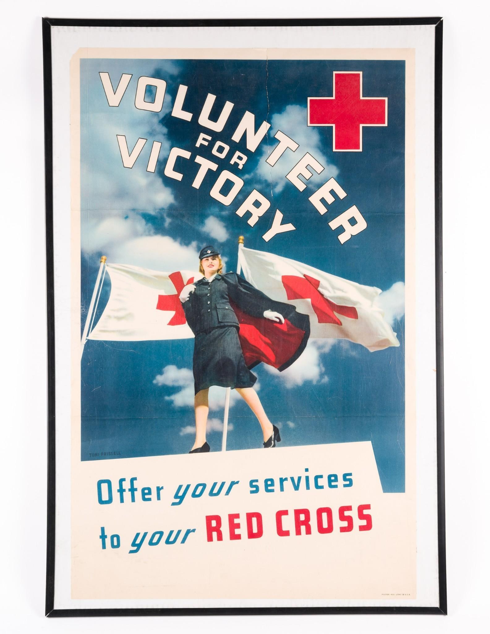 WWII Red Cross Poster: NOT ELIGIBLE FOR IN-HOUSE SHIPPING: See Terms for Shipping Options. "Volunteer for Victory" poster to encourage volunteering for Red Cross during the war. Created by Toni Frissell. Framed. Overall 36-