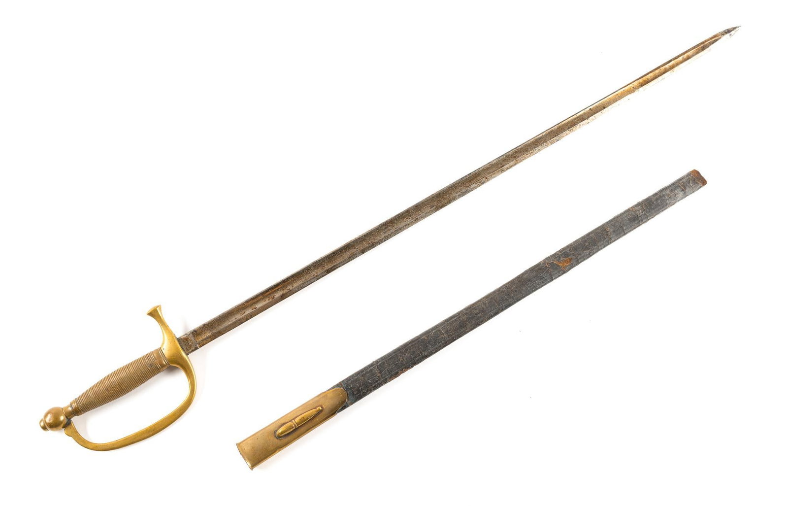 U.S. NCO Sword: Overall 34-1/2" long. Scabbard with loss to end. Marked U.S. on blade.