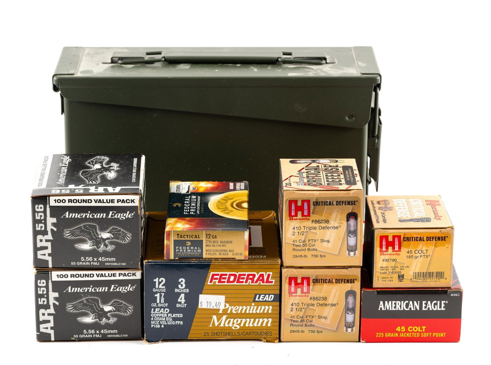 8 Boxes Ammo: Includes (2) 5.56 x 45 mm boxes; (2) 12 ga boxes; (2) 41 cal boxes; and (2) 45 colt boxes. With ammo box.