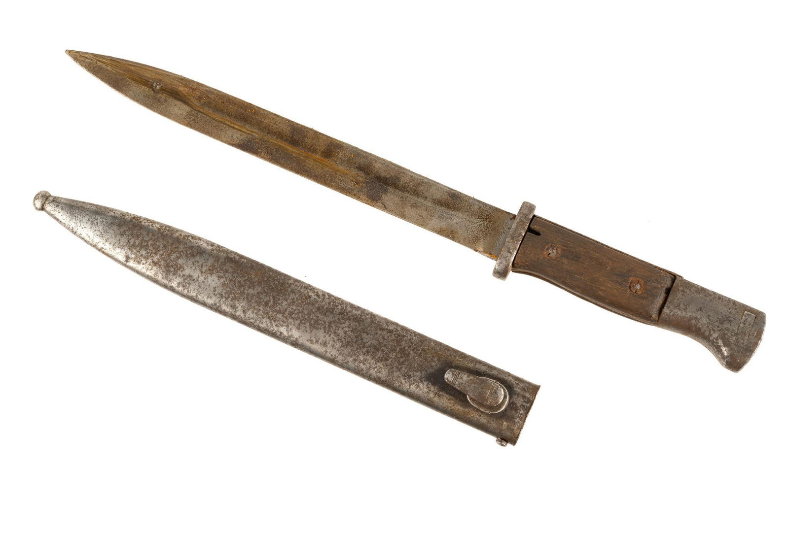 WWII German K-98 Bayonet: Scabbard W.K.C. Solingen 1037 and 37.53. Blade marked 5765 and S/242. Overall 15-1/4" long. Blade measures 9-3/4" long.