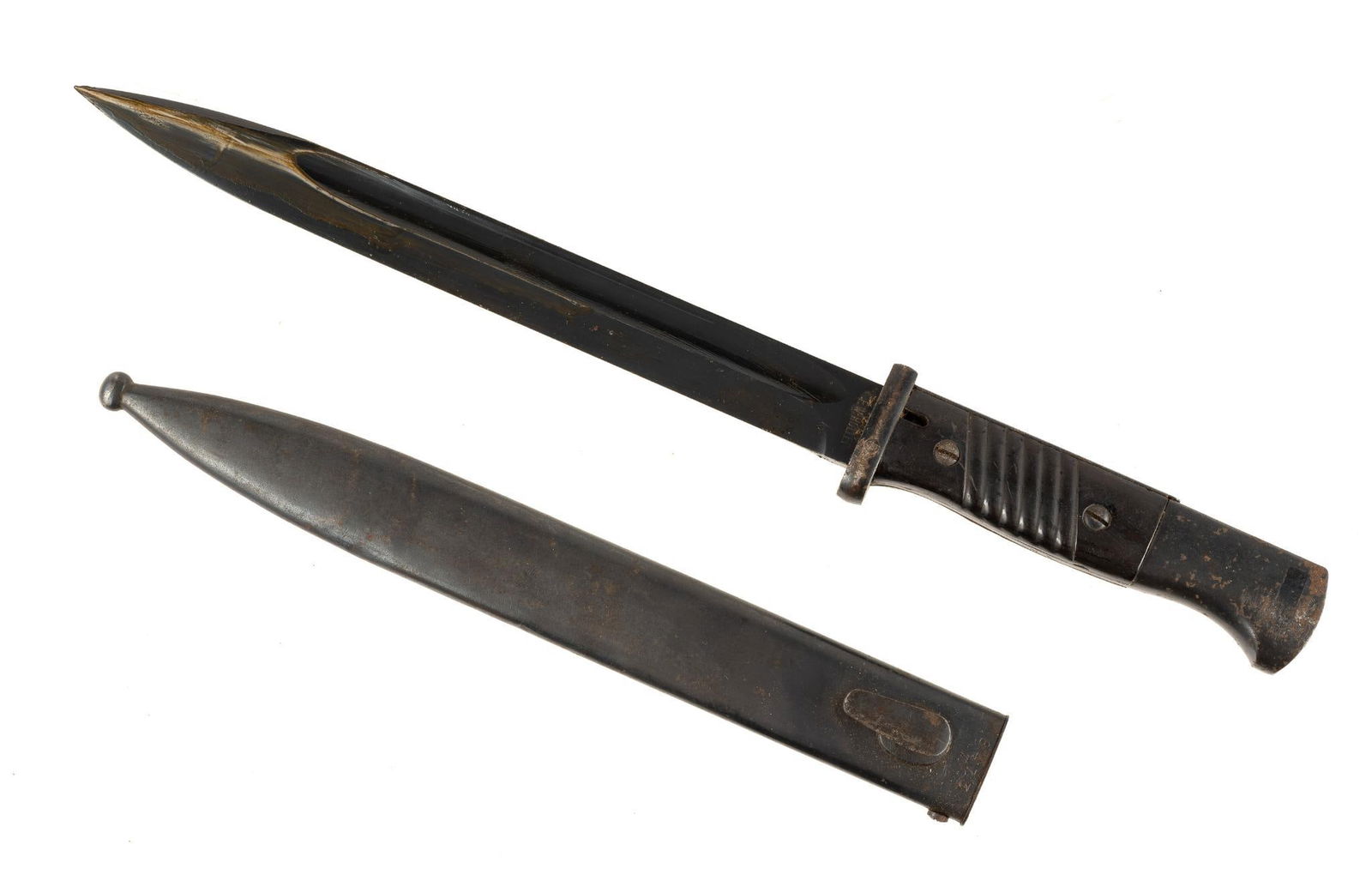 WWII German K-98 Bayonet: Blade marked E.W. Holler & 8860. Scabbard marked E.u.F. Horster 1940 and 8473. Overall 15-1/4" long. Blade 10" long.
