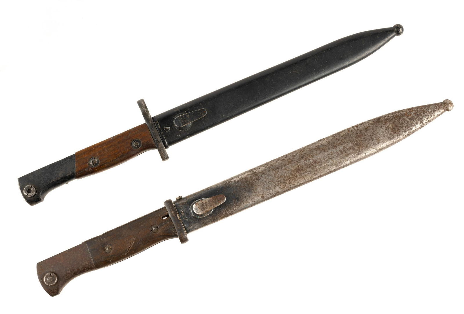2 Foreign Bayonets: Includes Czech and German WWII K-98 bayonet. Czech bayonet handle marked A30 & 27139. German bayonet marked 8013 & S/239 and scabbard marked CUL 1940 & 3654. Overall 14-1/4" to 15-1/4" long. Blade mea