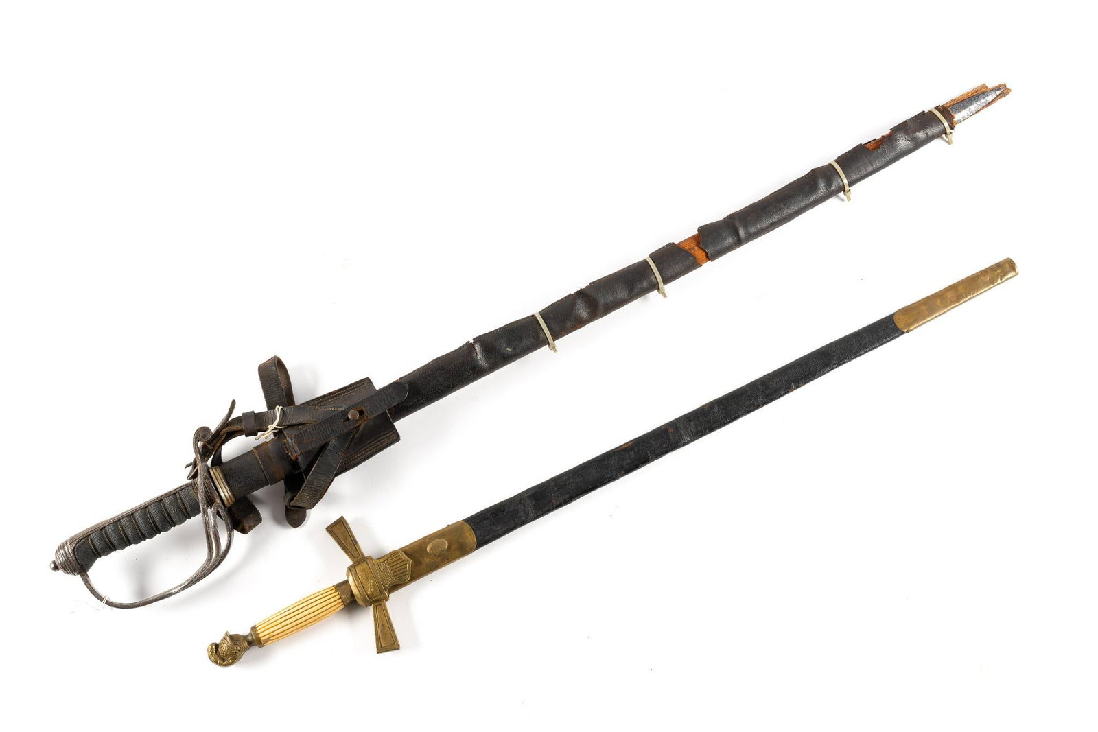 2 Swords: Includes 1850s US militaria sword and English sword. One scabbard is falling apart. Overall 32" to 38" long.