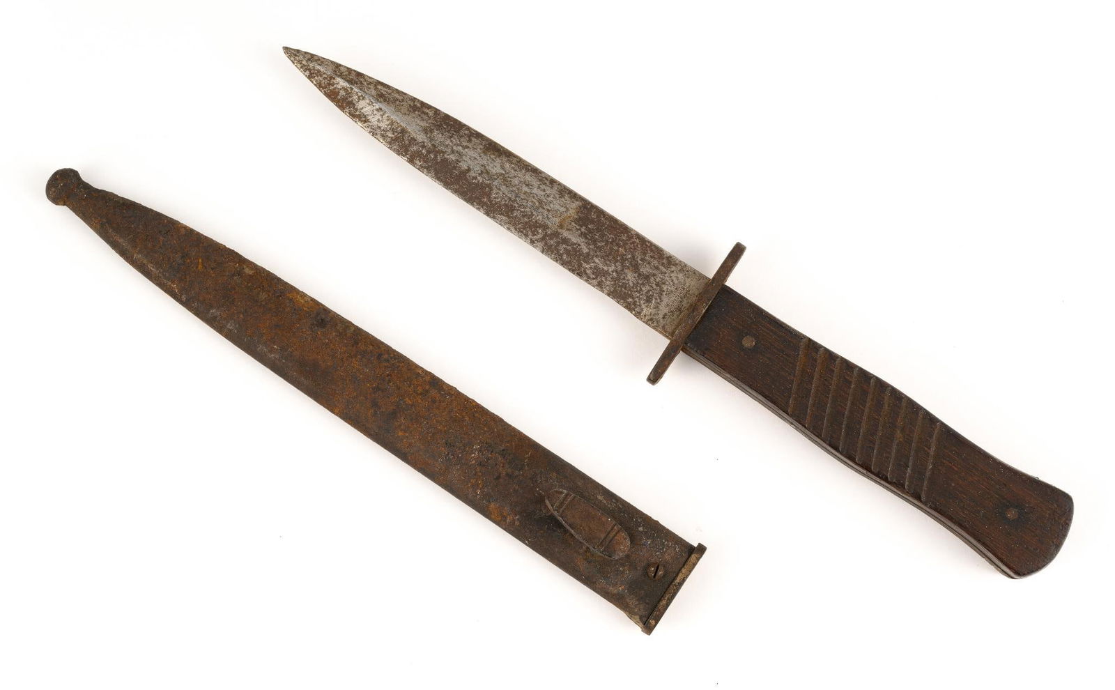 WWI German Trench Knife: Blade marked Gottlieb Hammesfahr Solingen Foche. Overall 11" long. Blade 5-7/8" long. Rust on scabbard. Rust on blade.