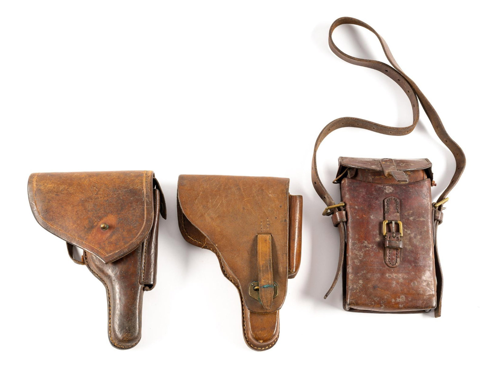 2 German Luger Holsters & Machine Gun Tool Pouch: Holsters measure 6" to 7" wide x 8-1/2" to 9-1/2" long.