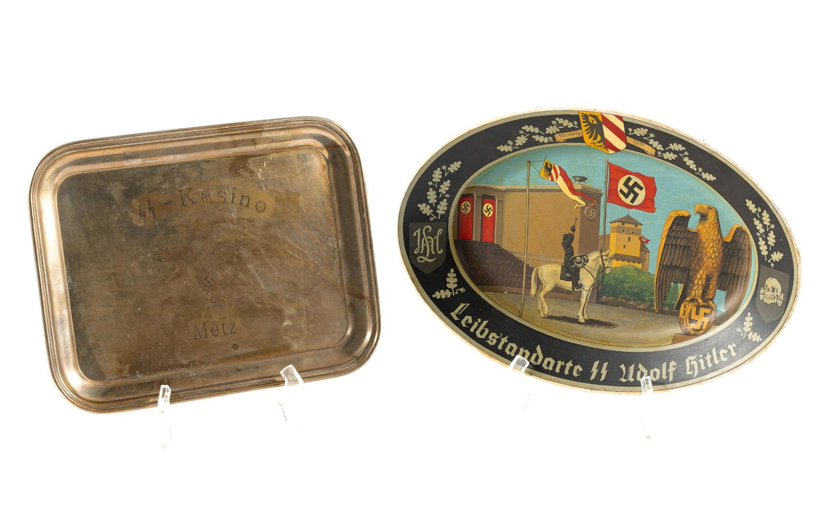 2 Reproduction WWII German Platter: Reproductions include commorative platter for the Leibstandarte SS Adolf Hitler and engraved platter for SS-Waffen. 12-1/2" to 15" wide x 3/4" to 2" high.