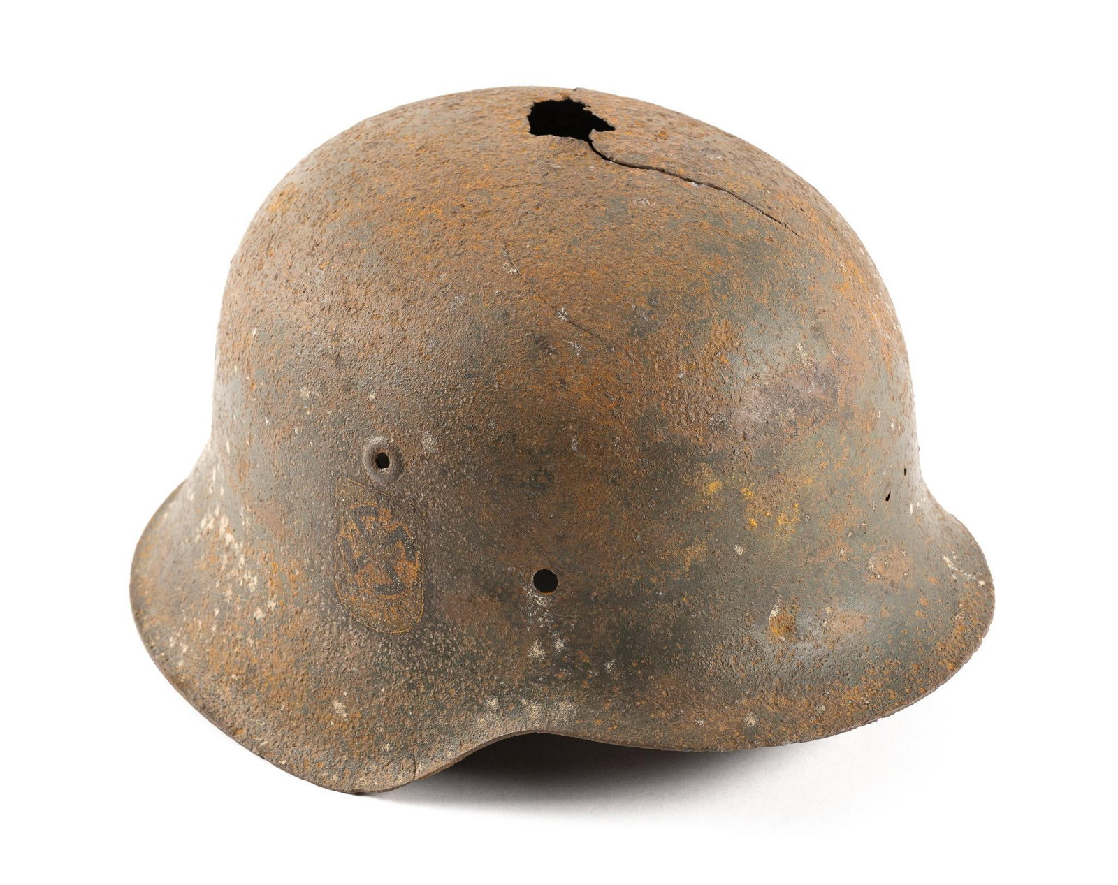 WWII German Relic M-42 Helmet: No liner. Hole in the top and back. 6-1/2" tall, 11-3/4" long, and 9-3/4" wide.