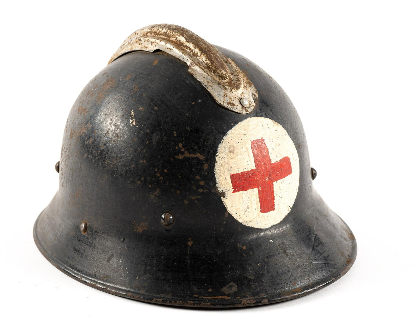 German Helmet Single Decal Painted Red Cross w/ Crest: From the reserve hospital in Bad Brambach. Inside tag reads "Reserve Lazarett Bad Brambach, 17." Another label says "Melke." Has chin strap. 7-1/4" tall, 11-1/4" long, and 9-1/4" wide.