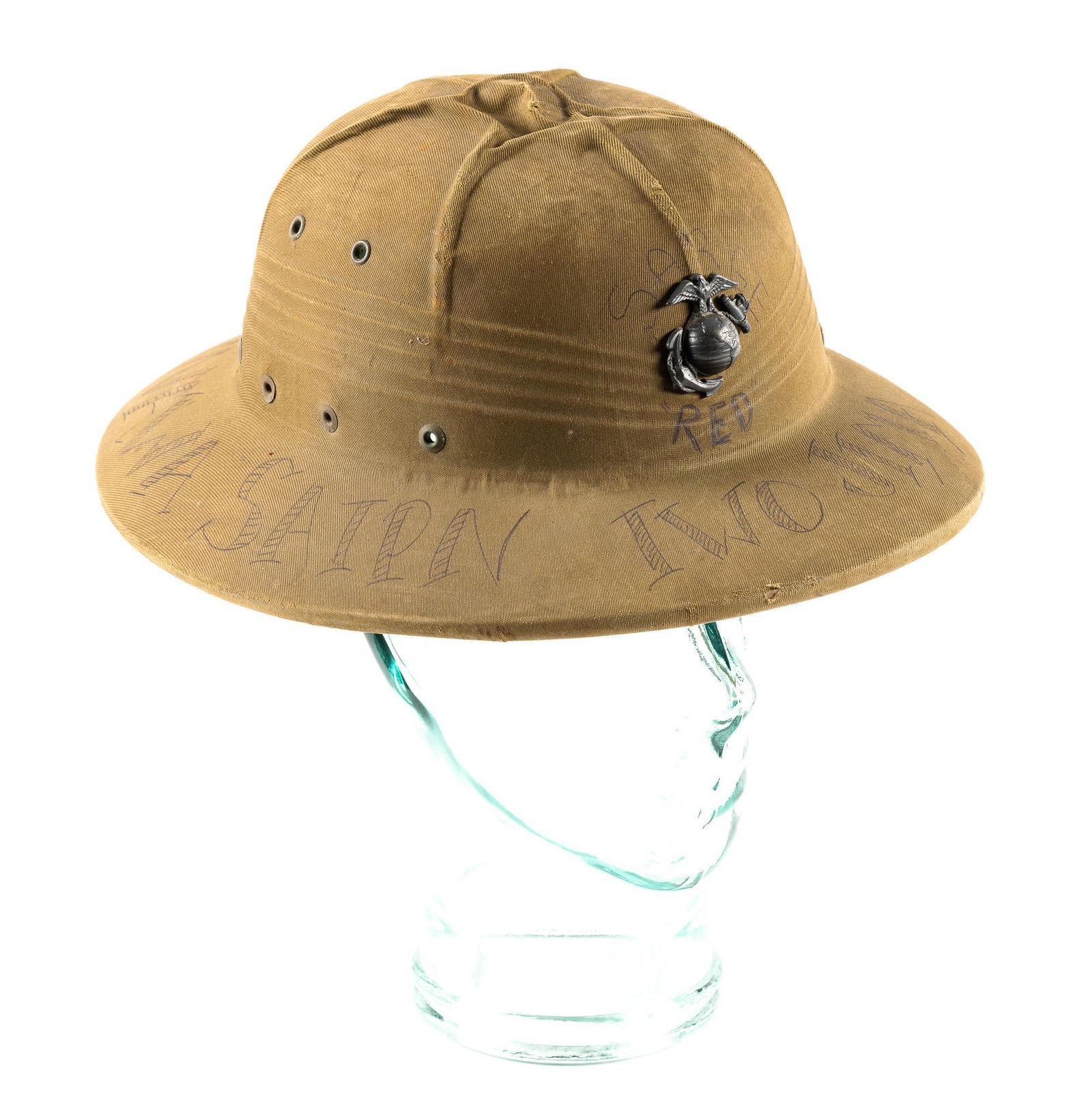 WWII U.S. Marine Corps Pith Helmet: With writing on the hat. Inside Lt. Stevenson written on brim. Brim on outside Iwo Jima; Peleliu; "Okinnawa"; and Saipan written. Also written Sarge "Red". Inside diameter 7-1/4" wide. Top with indent