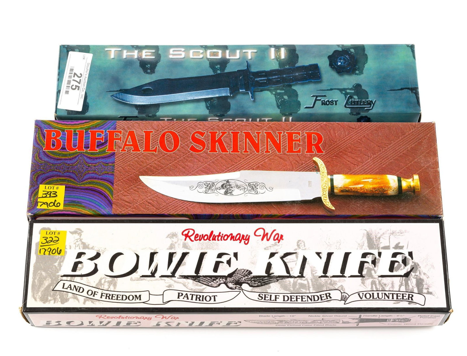 3 Knives in OBs: Includes Bowie, Frost Cutlery, and Frost Drop. All in OB. Overall 14-1/2" to 15-1/2" long.