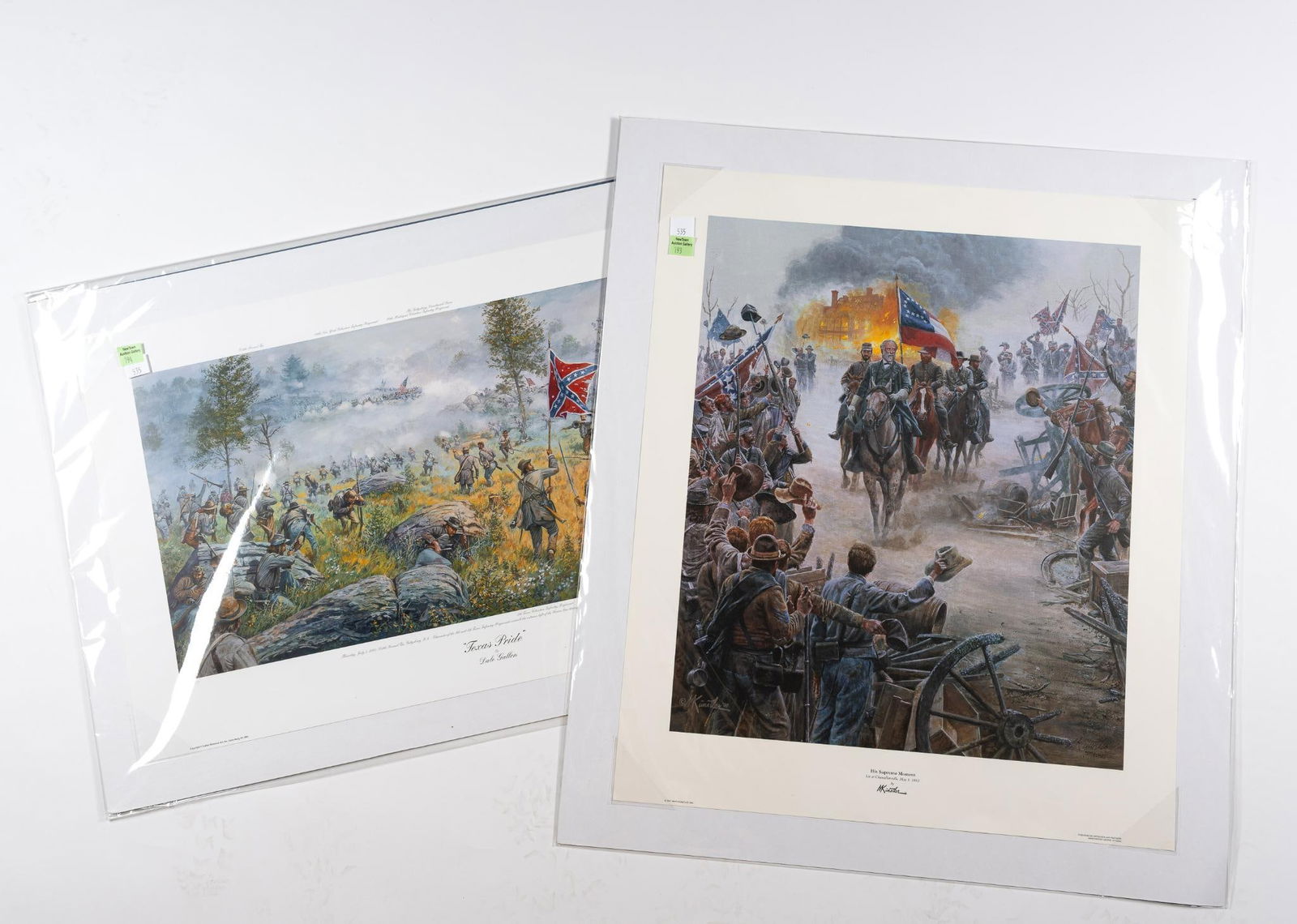 2 Civil War Prints: NOT ELIGIBLE FOR IN-HOUSE SHIPPING: See Terms for Shipping Options. Includes (1) Dale Gallon "Texas Pride," signed lower right, edition 125/390. (2) Mort Kuntsler "His Supreme Moment," signed lower ri