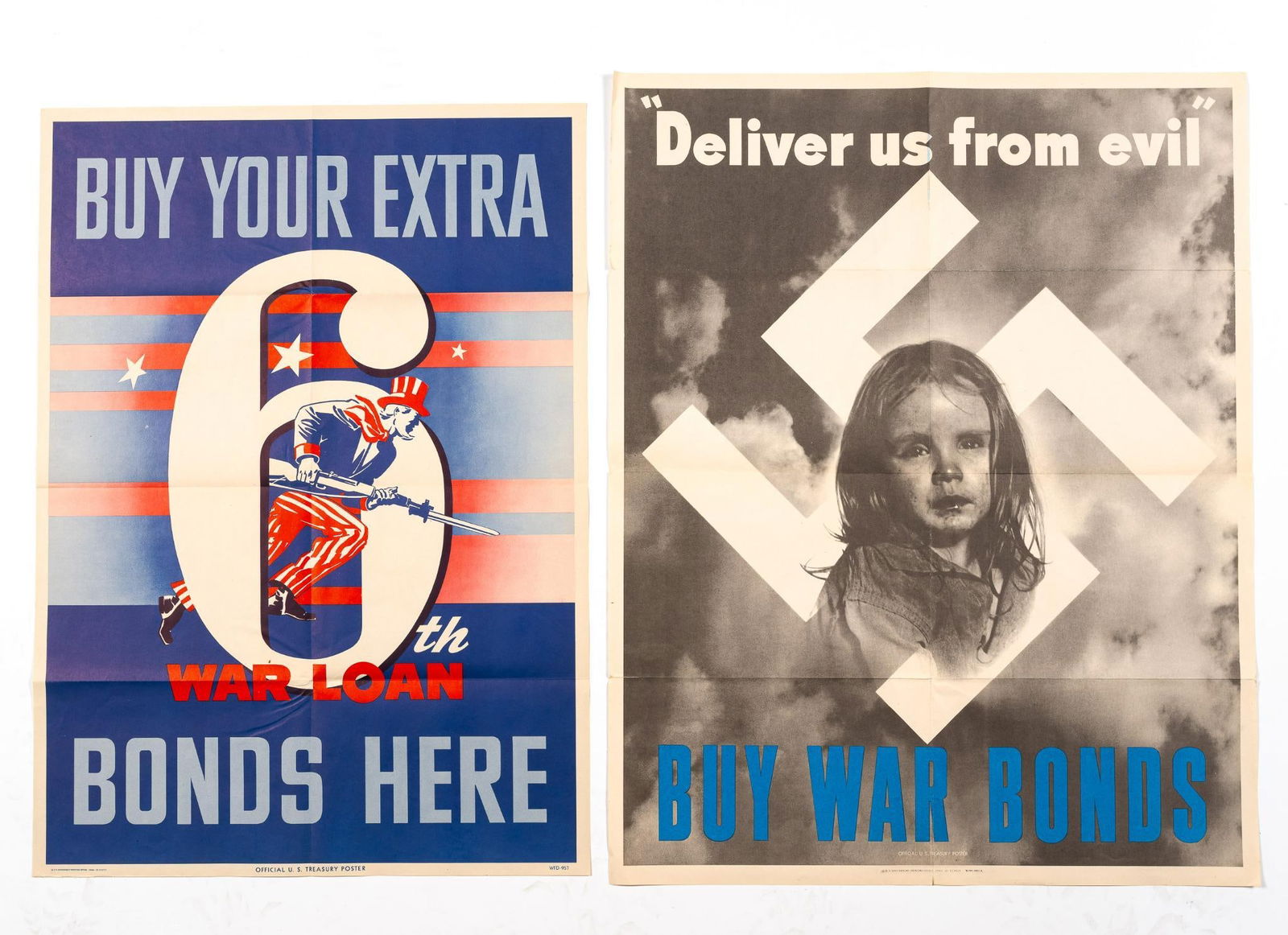 2 WWII War Bond Posters: Includes "Deliver us from evil," war bond poster and 6th war loan war bond poster. One from 1943 and other from 1944. 19" to 22" wide x 26" to 28" long. Deliver us from evil with small tears on edges