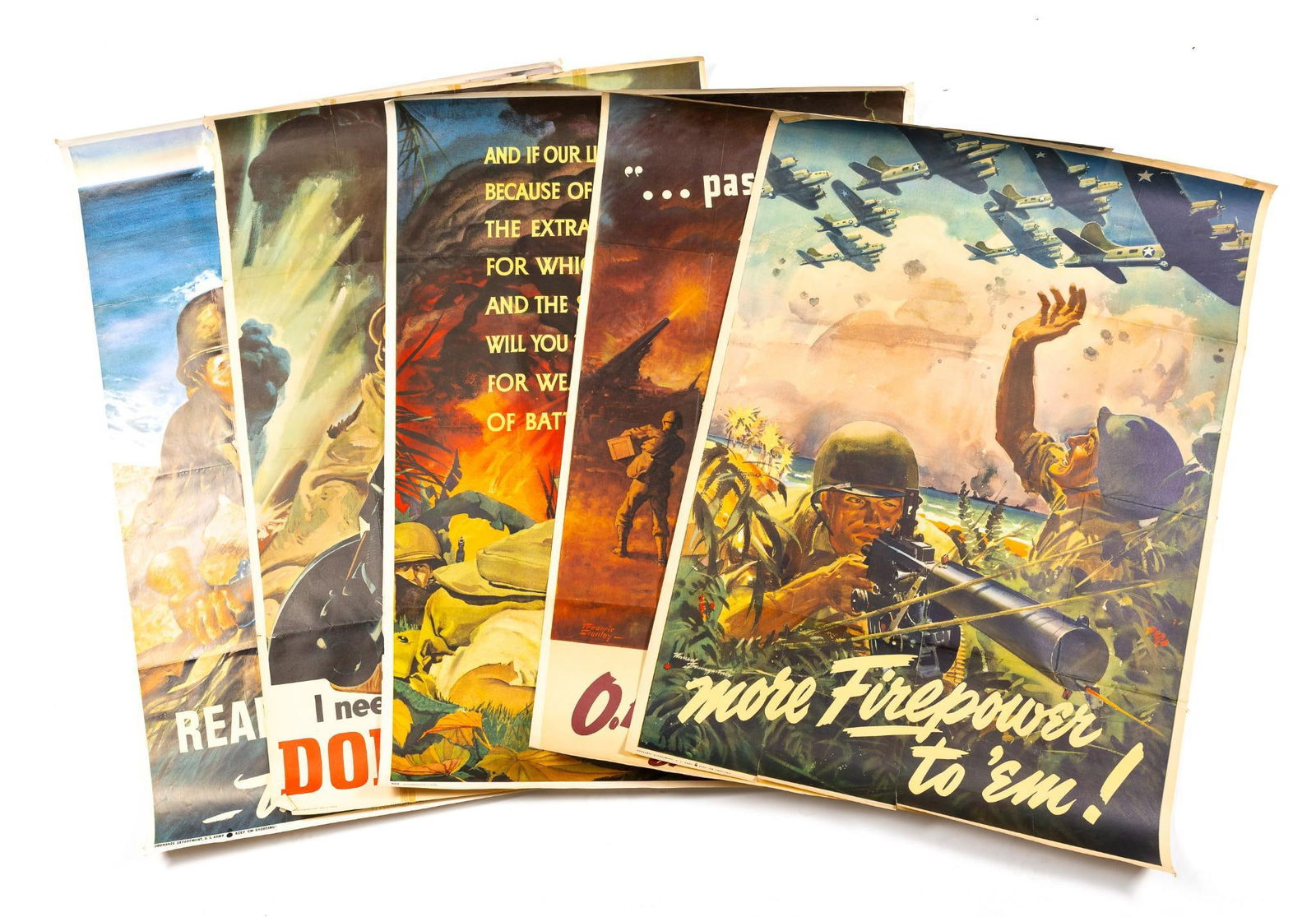 5 WWII Posters: Includes "Ready for anything thanks to you"; "I need you on the job full time"; U.S. Marine; "More Firepower to 'em"; and "Pass the ammunition."