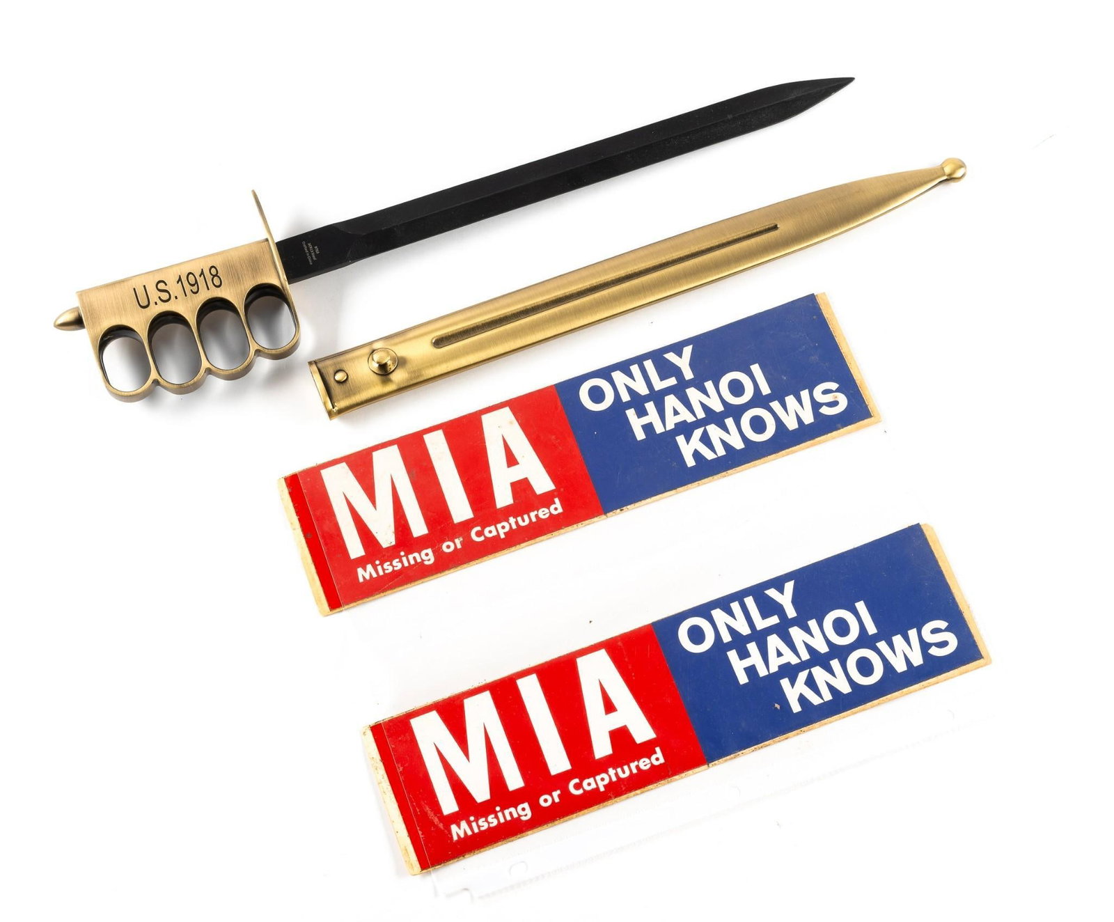 US 1918 Knuckle Knife Repro & 2 Vietnam War MIA Stickers: US 1918 knife blade marked Hunt Down. Overall 18-1/2" long.