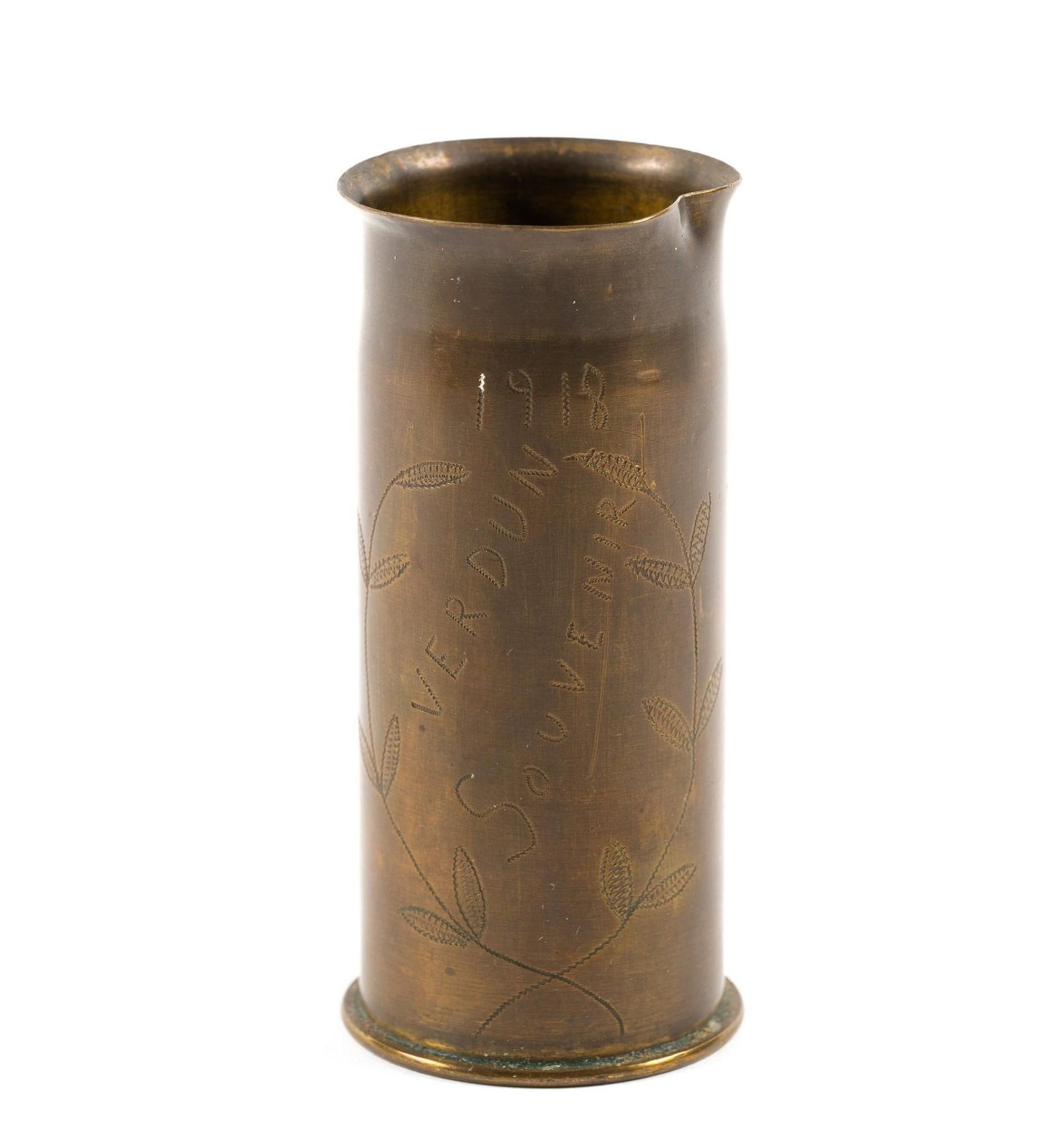 WWI Trench Art Vase: Made out of an artillery shell casing. The front is engraved "Catherine, Verdun 1918 Souvenir" 1-3/4" wide x 3-3/4" high.