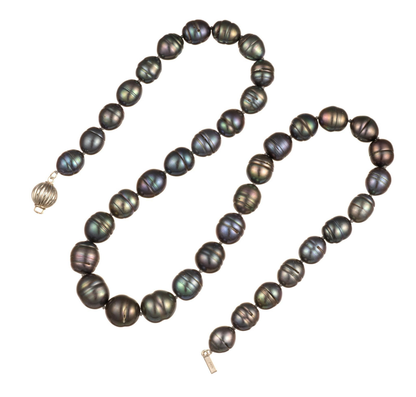Baroque Tahitian Pearl and 14K Gold Necklace: An 18" necklace with approximately 10 mm baroque Tahitian pearls and a 14k white gold clasp.
