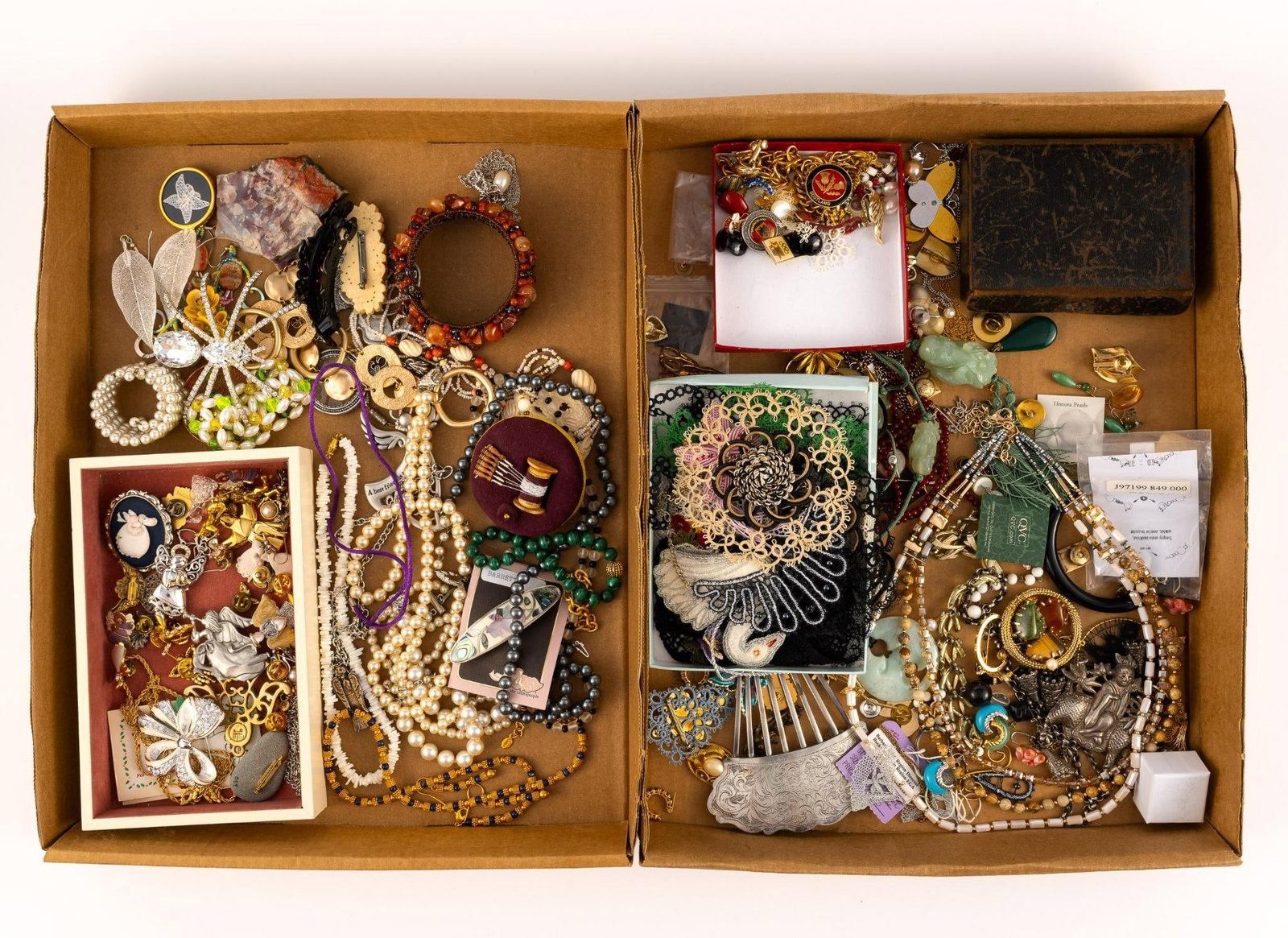 Costume and Vintage Jewelry: Includes jade, tatted lace doilies, a large 4" rhinestone spider, a Nolan Miller rhinestone butterfly, Jackie Kennedy Camrose & Kross necklace and matching earrings (gold metal beads and dark blue bea