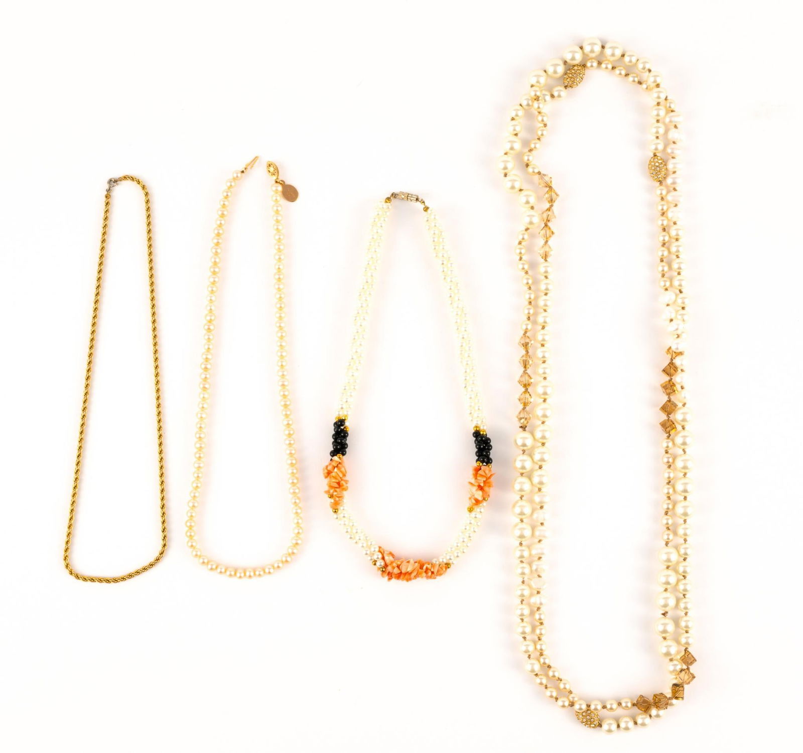 Pearl Necklace w/ 10K Gold Clasp and Faux Pearl Necklaces: One 18" necklace with pale pink freshwater pearls and a 10k rose gold clasp marked Tharpe 10k. One 60" necklace with rhinestone beads, freshwater pearls, faux pearls. One pearl twist necklace (faux pe