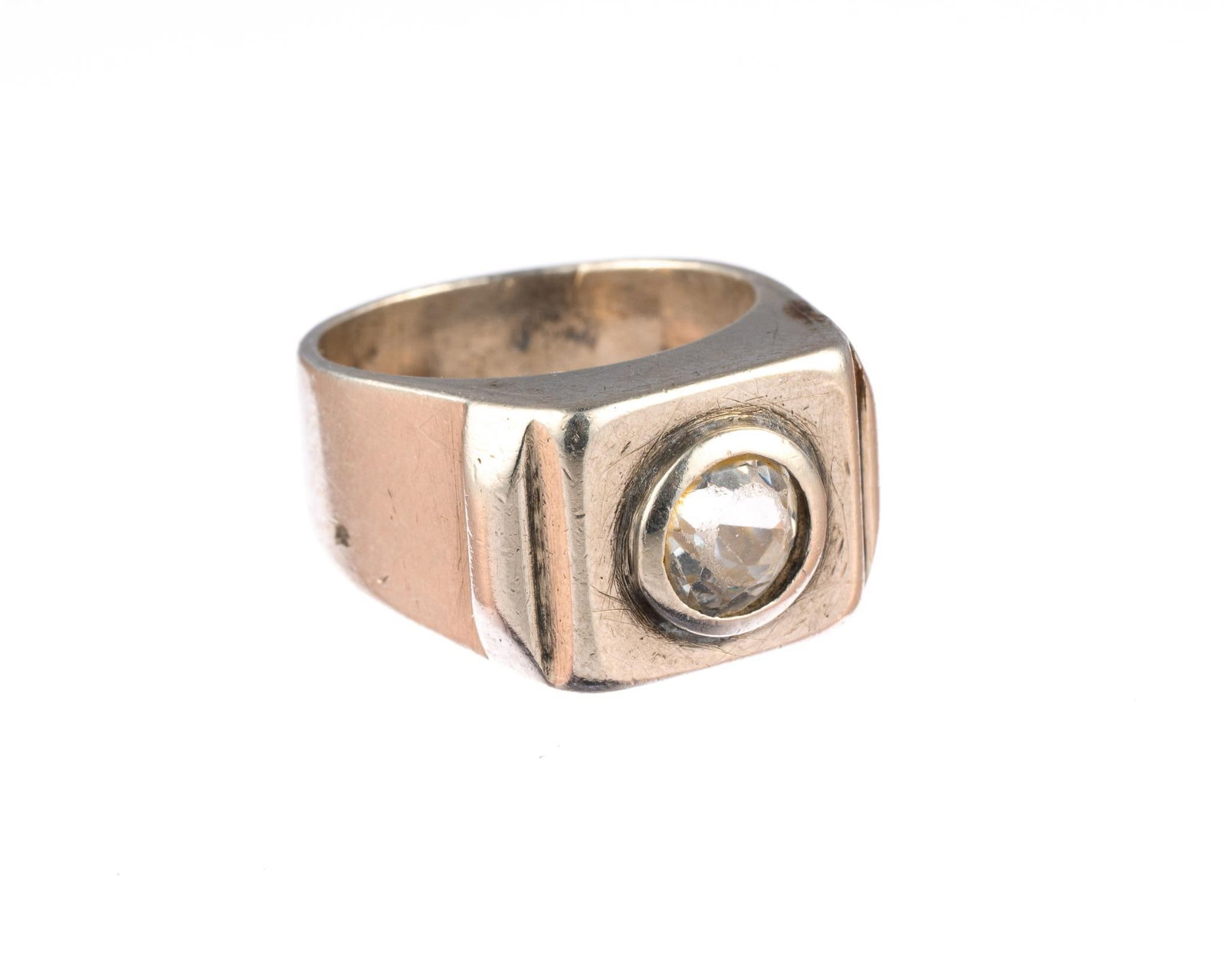 Antique 800 Silver Ring: A size six ring in 800 silver with quartz or glass center-stone. The ring weight is .25 troy ounces.