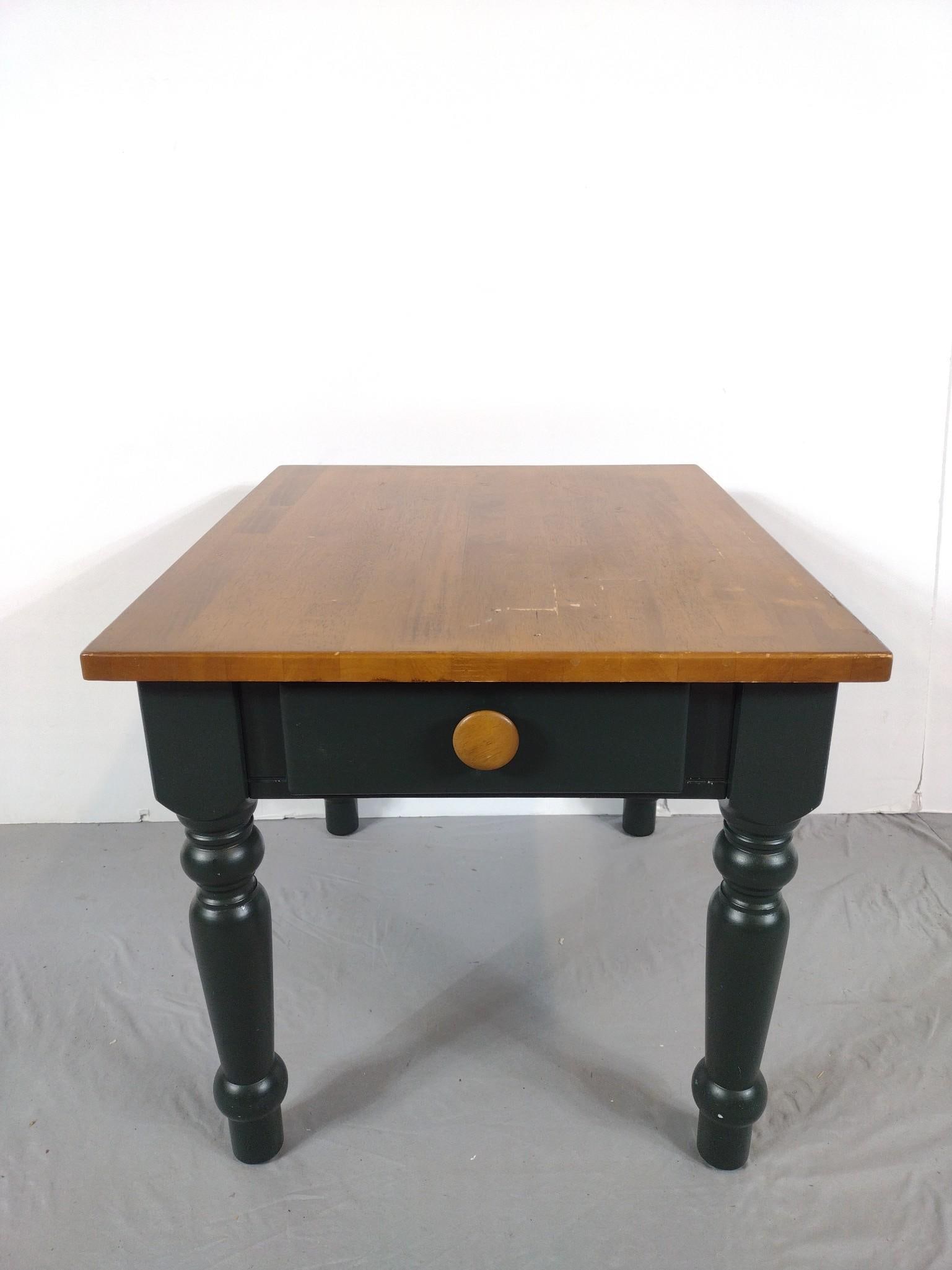 Single Drawer End Table: NOT ELIGIBLE FOR IN-HOUSE SHIPPING: See Terms for Shipping Options. 22" wide X 26" deep X 21" high. Top has some scratches and areas of finish loss.